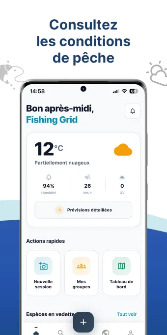 Conditions météo pour la pêche — prévisions détaillées dans Fishing Grid